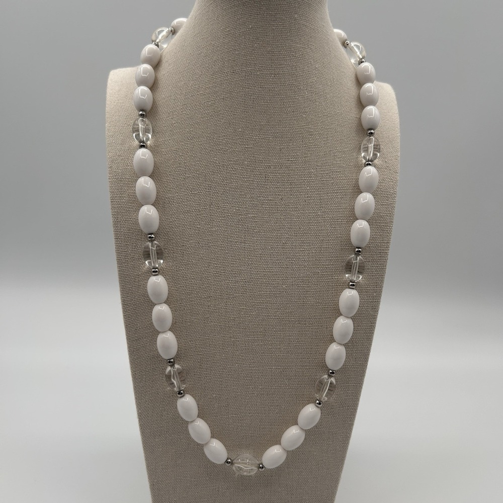 Vintage Trifari Necklace Silver tone White Lucite Single Strand Spacer Bead 12"